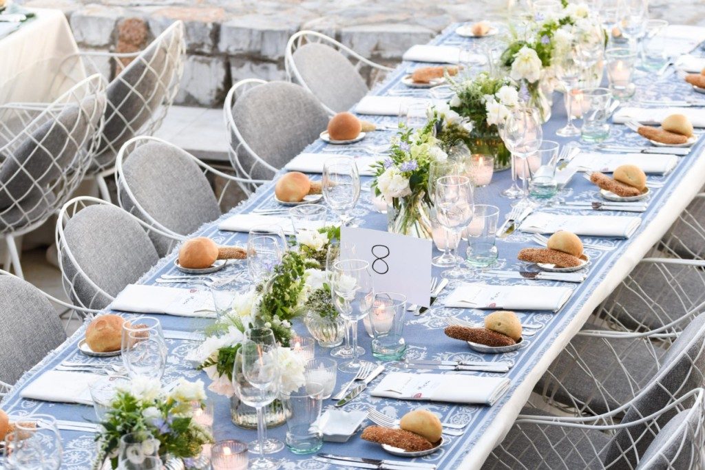 Off white linen napkin with light blue stitching - Image 2